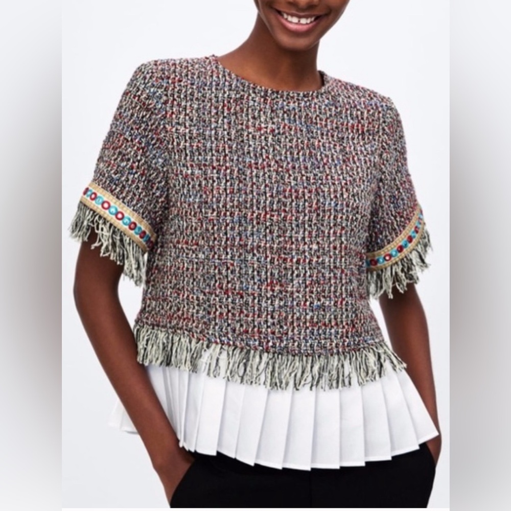 Zara  Tweed Fringe Blouse